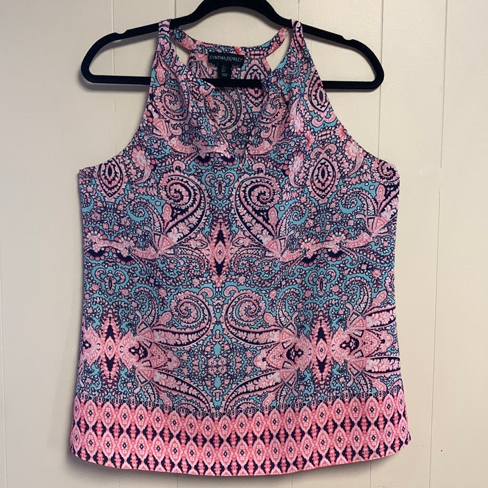 Cynthia Rowley Top Size L Pink Blue Aqua Beautiful Paisley Print, Like New!!
